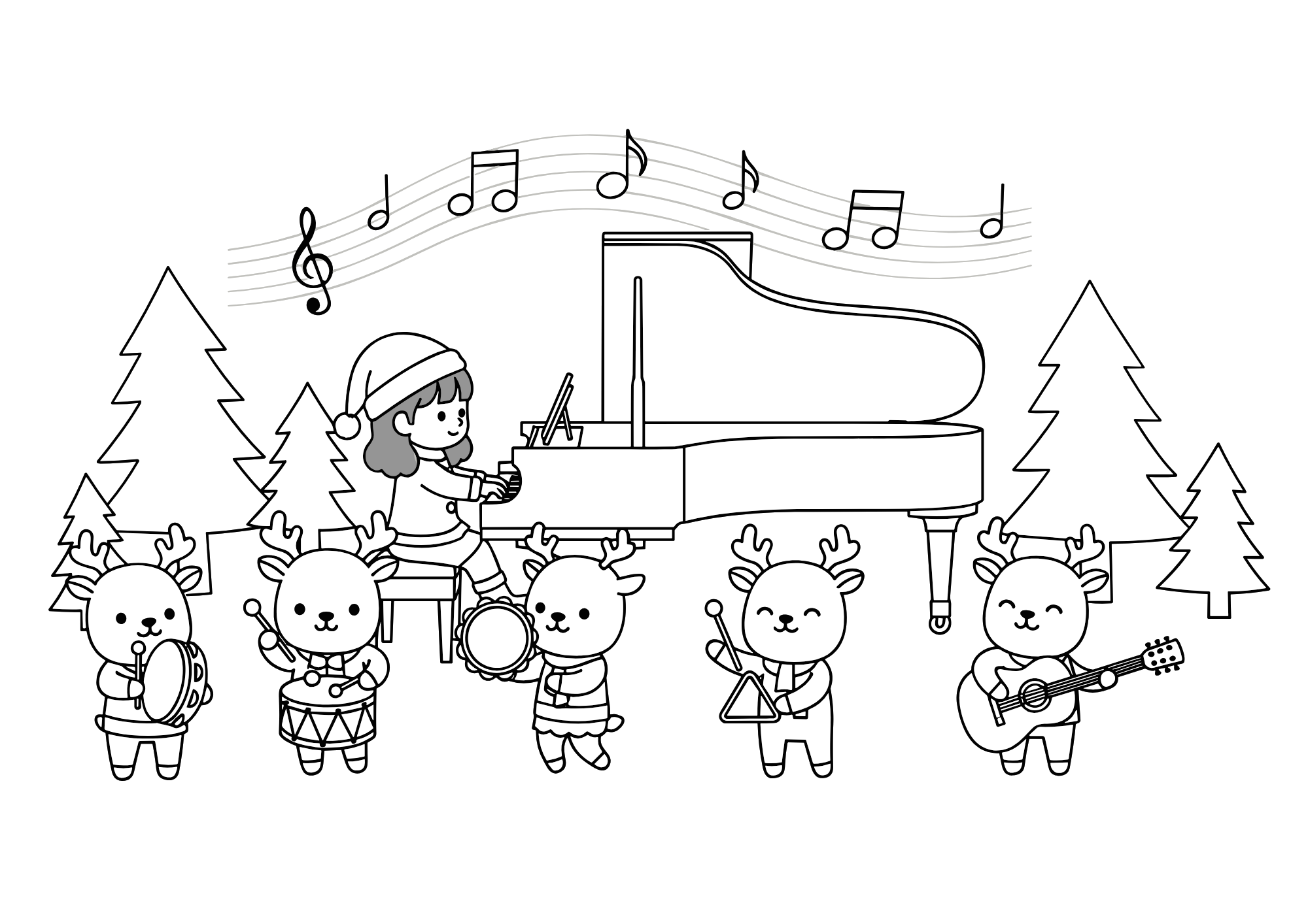 ピアノとトナカイたちの無料ぬりえイラスト|幼児向け|楽器で楽しい|冬のイベント|ダウンロード