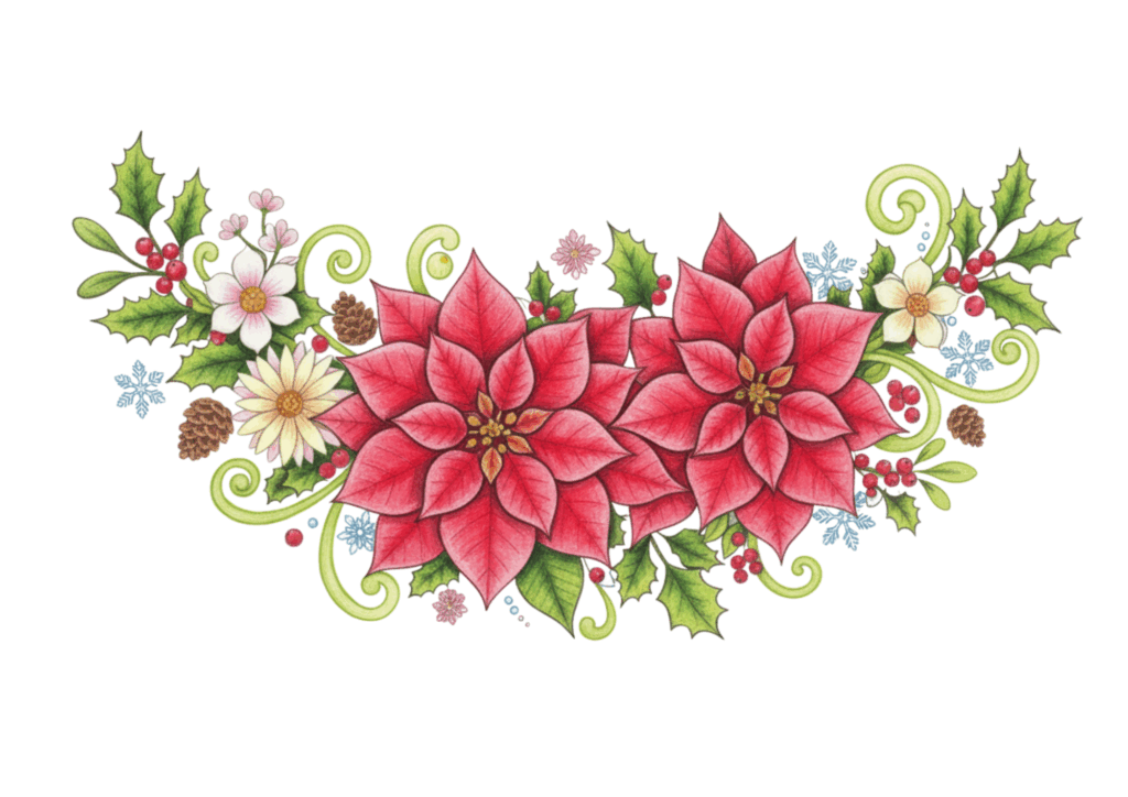 ポインセチアのコロリアージュぬりえ｜大人向け｜クリスマス素材｜繊細で美しい｜見本付き｜無料ダウンロード