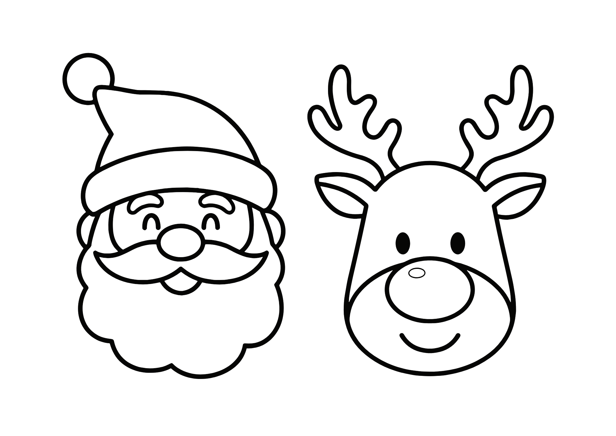 サンタとトナカイのイラスト|幼児向け|顔の表情がかわいい|白黒ぬりえ素材|無料ダウンロード