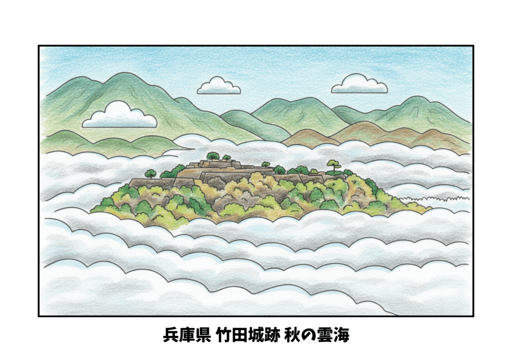竹田城跡の塗り絵｜高齢者向け｜秋の雲海が美しい｜塗りやすい線画｜無料ダウンロード