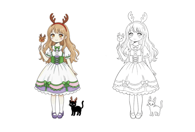 トナカイカチューシャの女の子の塗り絵イラスト