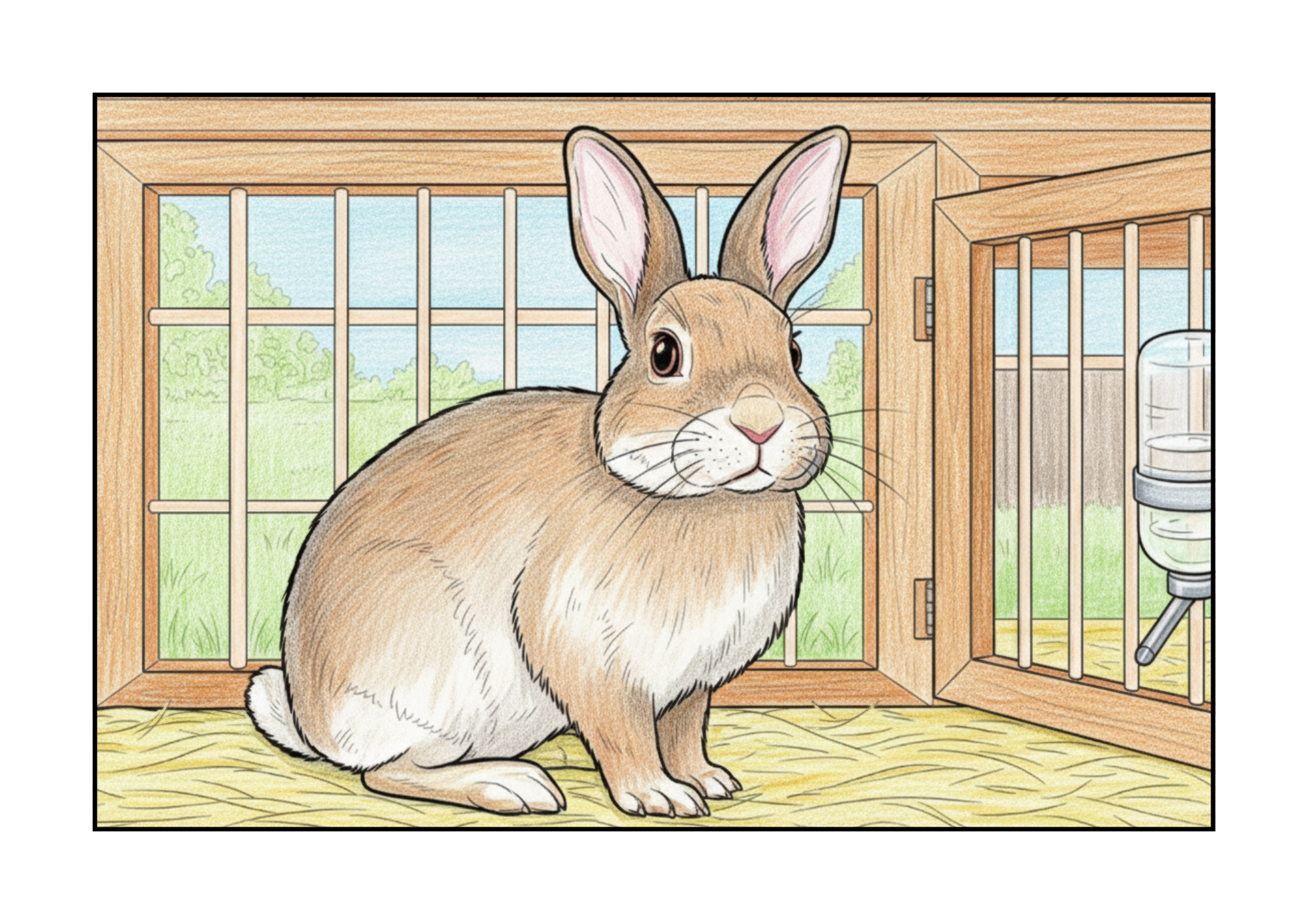 ゲージの中のうさぎの無料ぬりえイラスト|高齢者向け|簡単・リアル・かわいい|ダウンロード