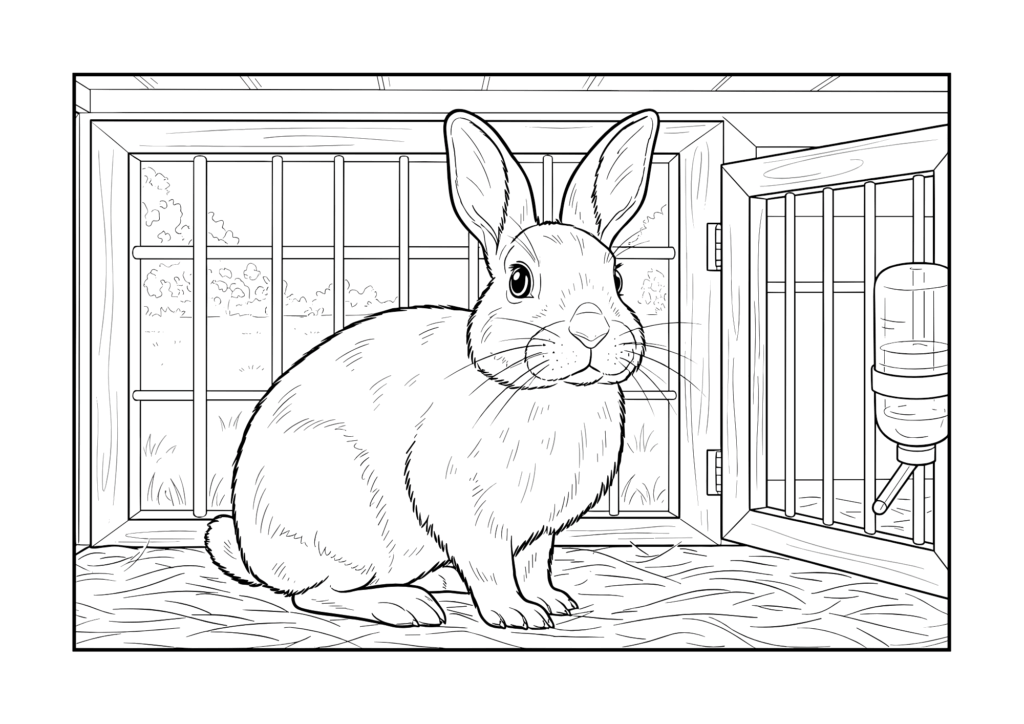 ゲージの中のうさぎの塗り絵イラスト 白黒 無料ダウンロード 印刷用