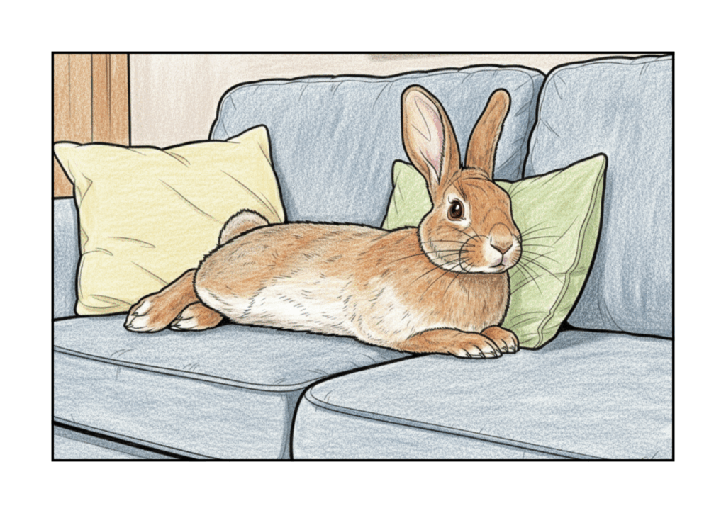 ソファーでくつろぐうさぎの無料ぬりえイラスト｜高齢者向け｜簡単・リアル・かわいい｜秋冬素材｜ダウンロード