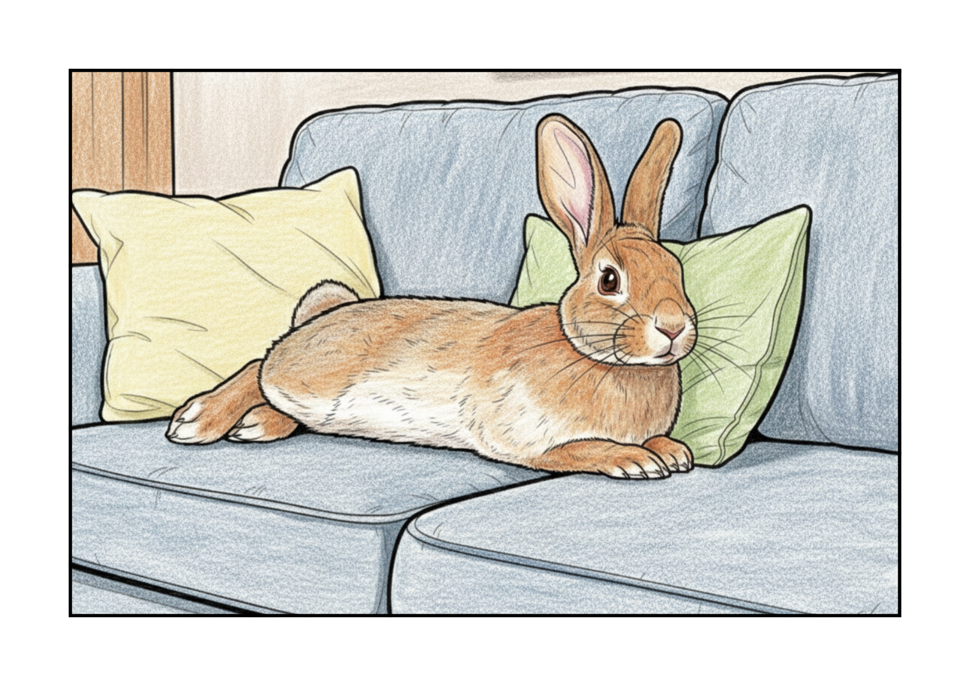 ソファーでくつろぐうさぎの無料ぬりえイラスト｜高齢者向け｜簡単・リアル・かわいい｜秋冬素材｜ダウンロード