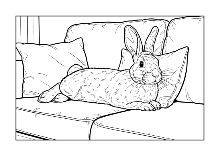 Rabbit relaxing on sofa coloring page - black and white printable, free download