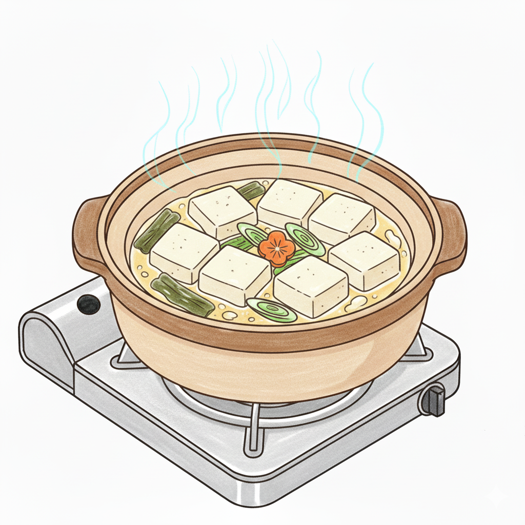 湯豆腐の無料ぬりえイラスト｜高齢者向け｜見本付きで塗りやすい｜冬の定番料理｜ダウンロード