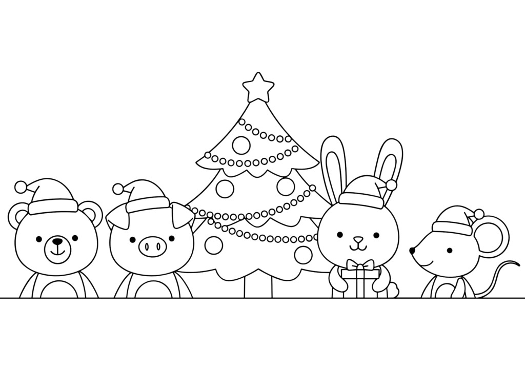 クリスマスツリーと動物たちの塗り絵 白黒 無料ダウンロード 印刷用