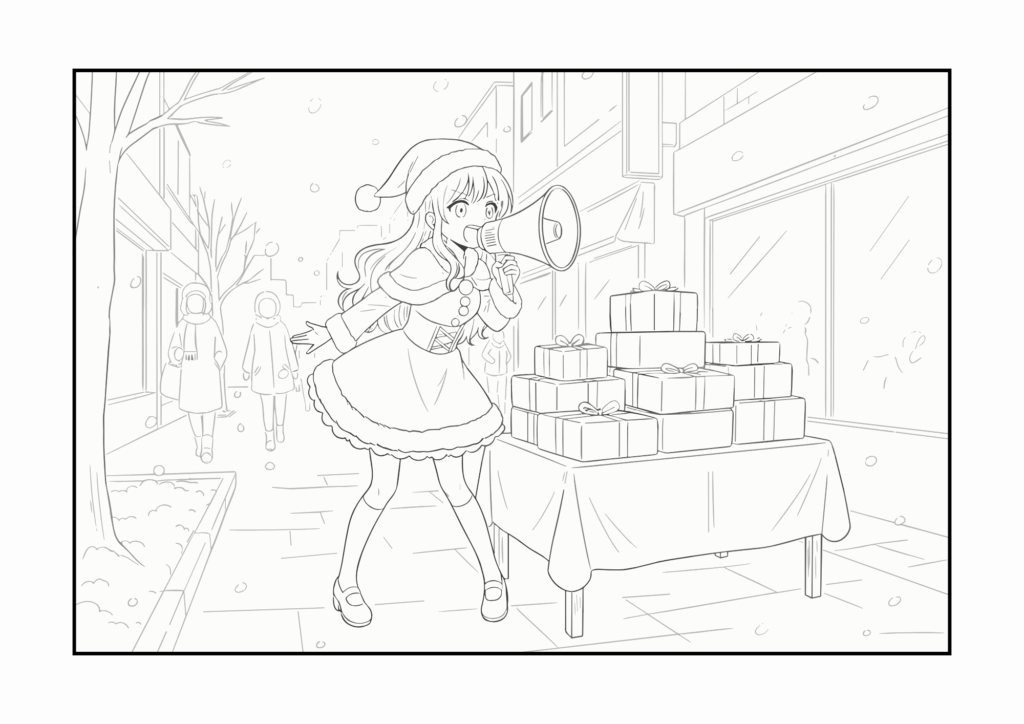 サンタ姿の少女がケーキ販売の塗り絵 白黒 無料ダウンロード 印刷用