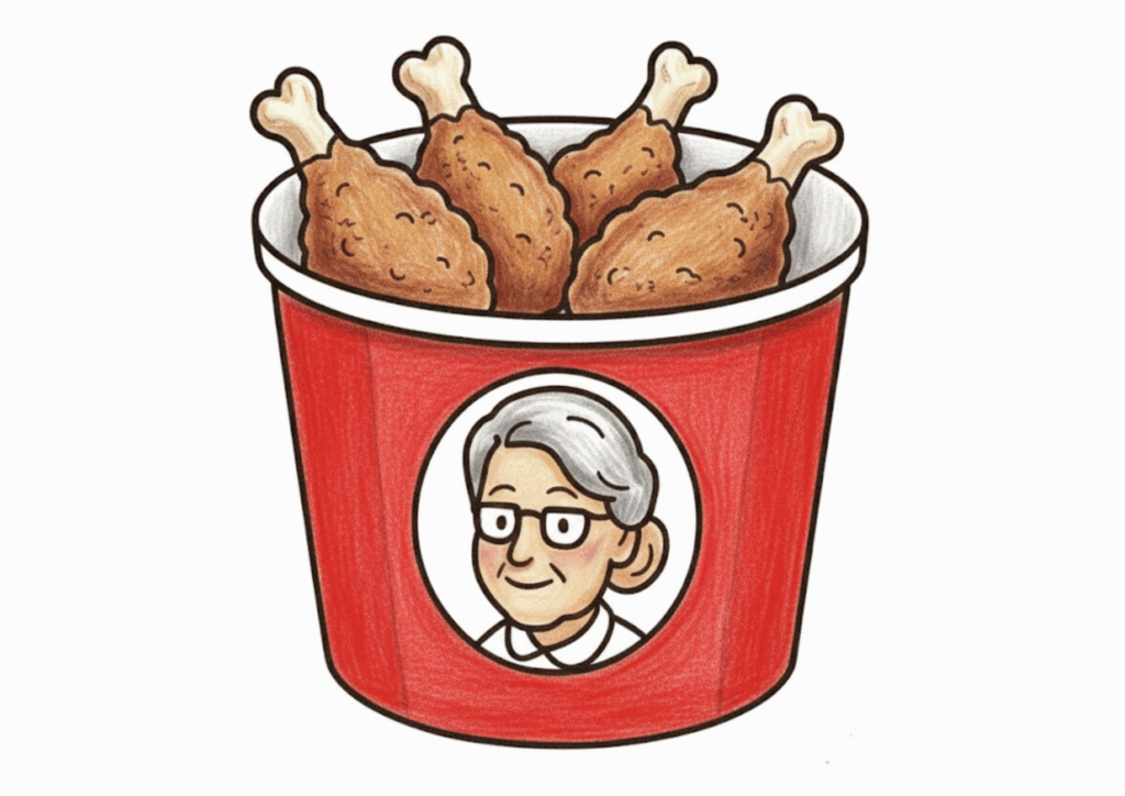 おばあちゃんマークのフライドチキンバーレルの無料ぬりえイラスト｜高齢者向け｜塗りやすい｜秋の味覚モチーフ｜ダウンロード