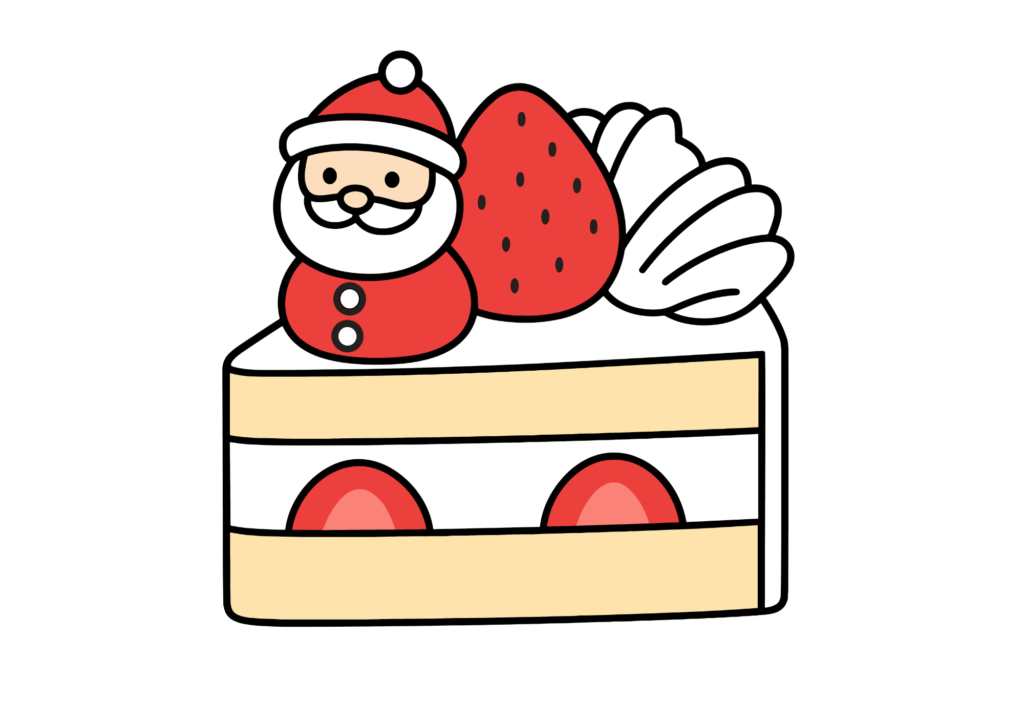 ショートケーキとサンタ人形の無料ぬりえイラスト｜幼児向け｜かわいい｜クリスマス｜ダウンロード