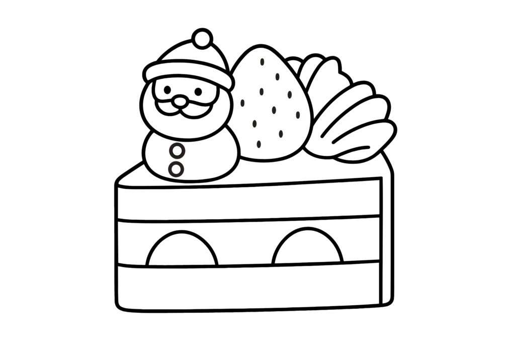 サンタ人形といちごのショートケーキぬりえの塗り絵 白黒 無料ダウンロード 印刷用