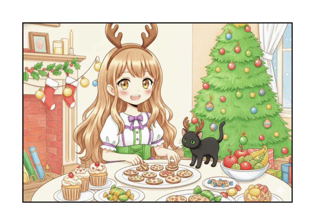 クリスマスパーティー準備中の女の子の無料ぬりえイラスト｜小学生向け｜かわいい｜冬の行事｜ダウンロード