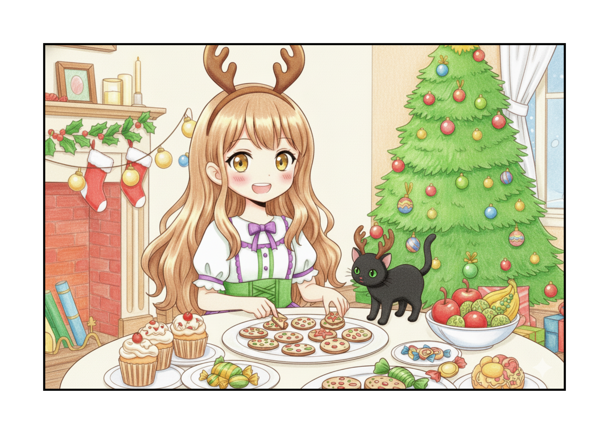 クリスマスパーティー準備中の女の子の無料ぬりえイラスト|小学生向け|かわいい|冬の行事|ダウンロード