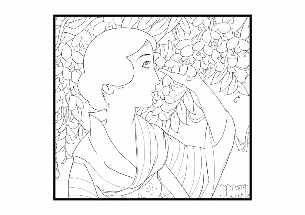 藤の花と女性の塗り絵 白黒 無料ダウンロード 印刷用