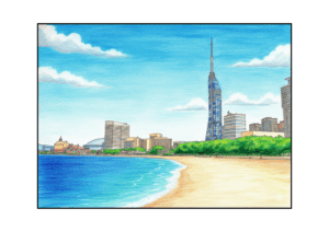 福岡タワーの無料ぬりえイラスト｜大人向け｜細かい描写で塗りごたえあり｜風景塗り絵｜ダウンロード
