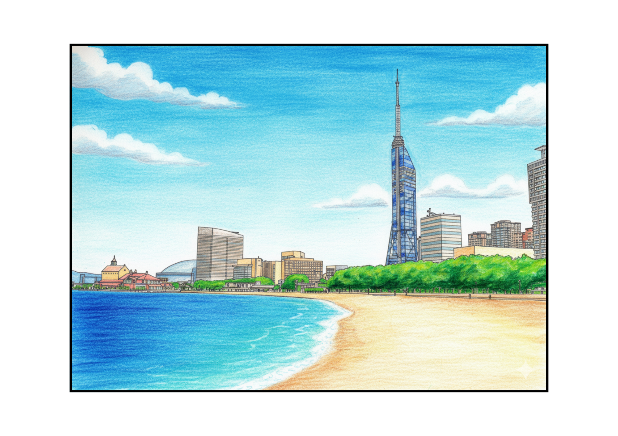 福岡タワーの無料ぬりえイラスト|大人向け|細かい描写で塗りごたえあり|風景塗り絵|ダウンロード