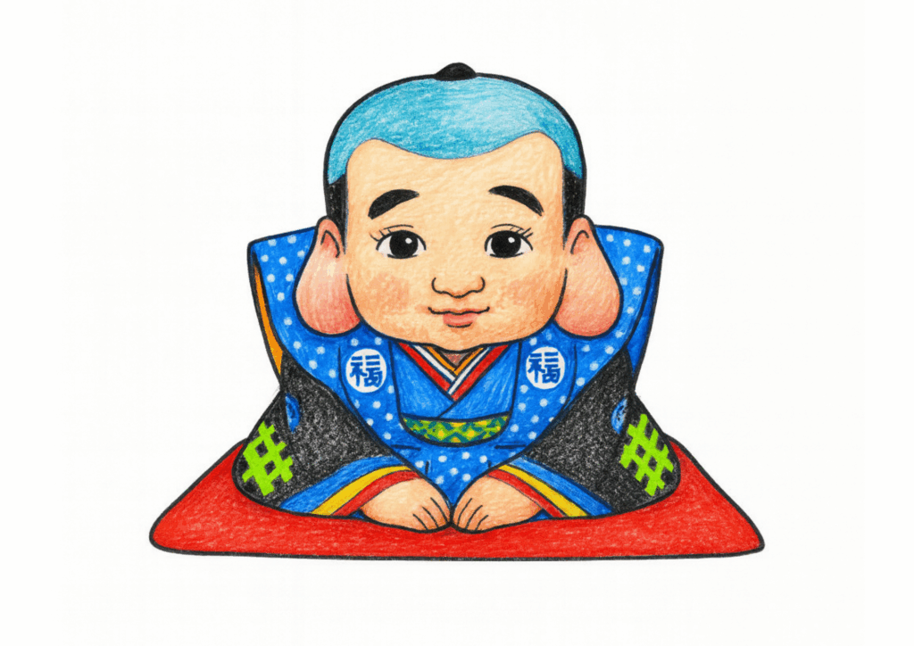 福助人形の無料ぬりえイラスト｜高齢者向け｜縁起物で塗りやすい｜冬の風物詩｜ダウンロード