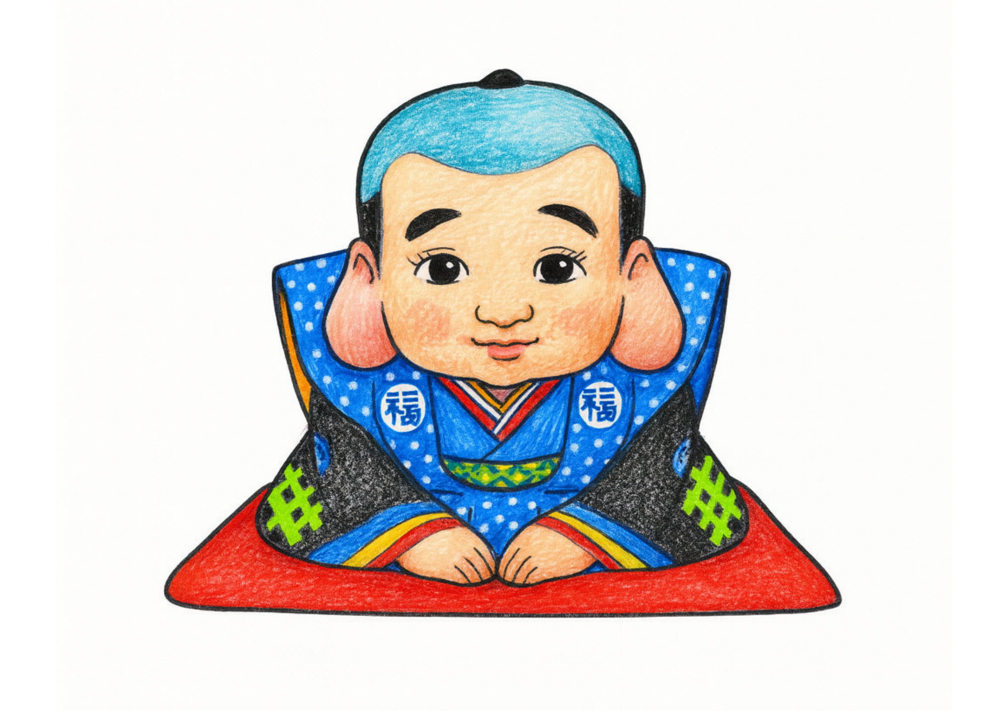 福助人形の無料ぬりえイラスト|高齢者向け|縁起物で塗りやすい|冬の風物詩|ダウンロード