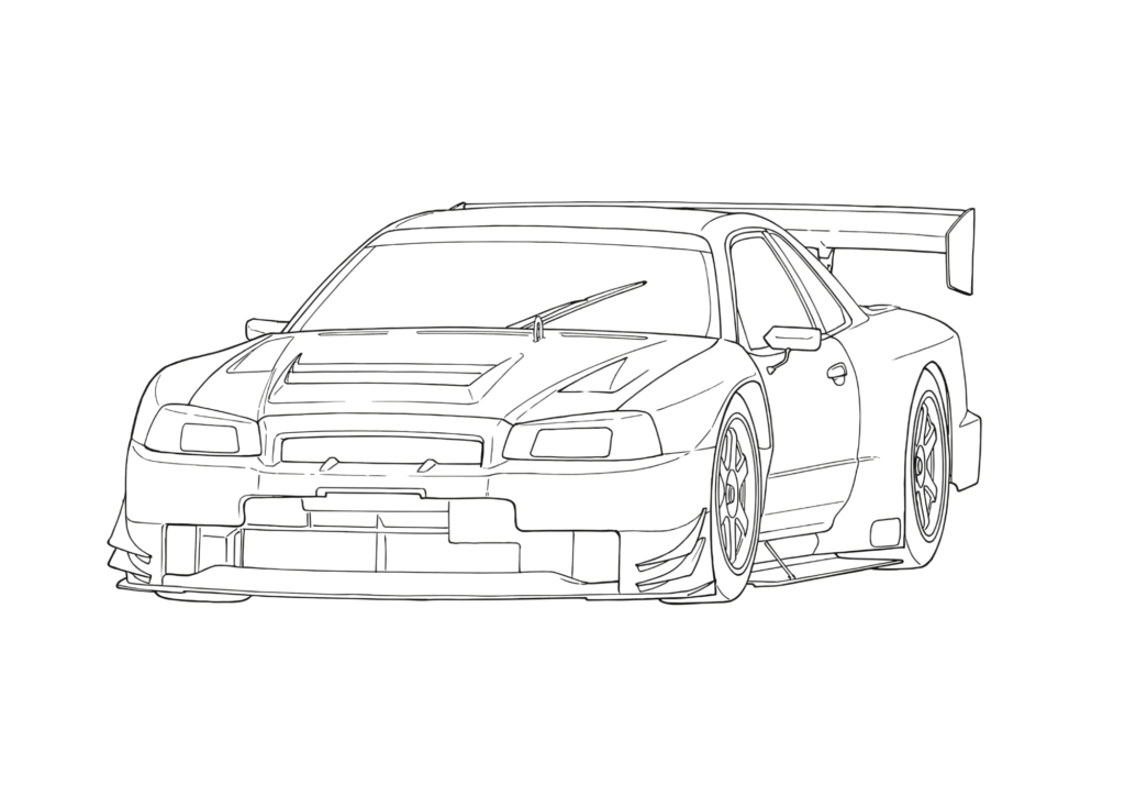 GTRレーシングカーの無料ぬりえイラスト｜大人向け｜リアル線画｜趣味・ストレス解消に最適な塗り絵素材