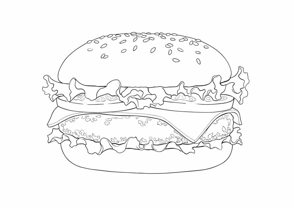 ハンバーガーの塗り絵イラスト 白黒 無料ダウンロード 印刷用