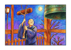 除夜の鐘の無料ぬりえイラスト｜高齢者向け｜冬の風物詩｜塗りやすい線画｜ダウンロード