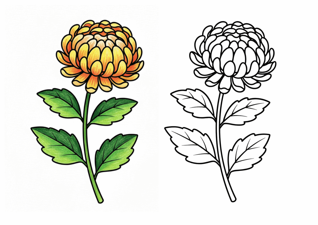 菊の花の無料ぬりえイラスト｜高齢者向け｜丁寧に塗れる｜秋の季節花｜ダウンロード