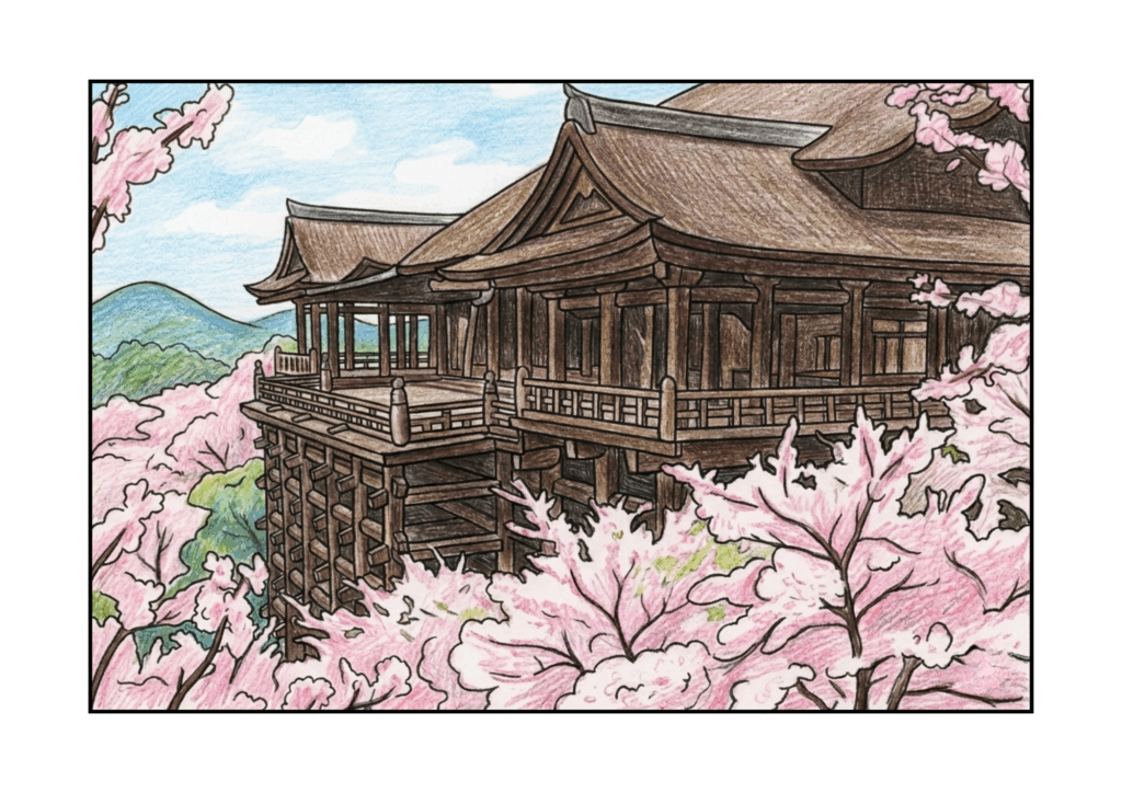 清水寺の無料ぬりえイラスト｜高齢者向け｜春の桜｜やさしい構図｜ダウンロード