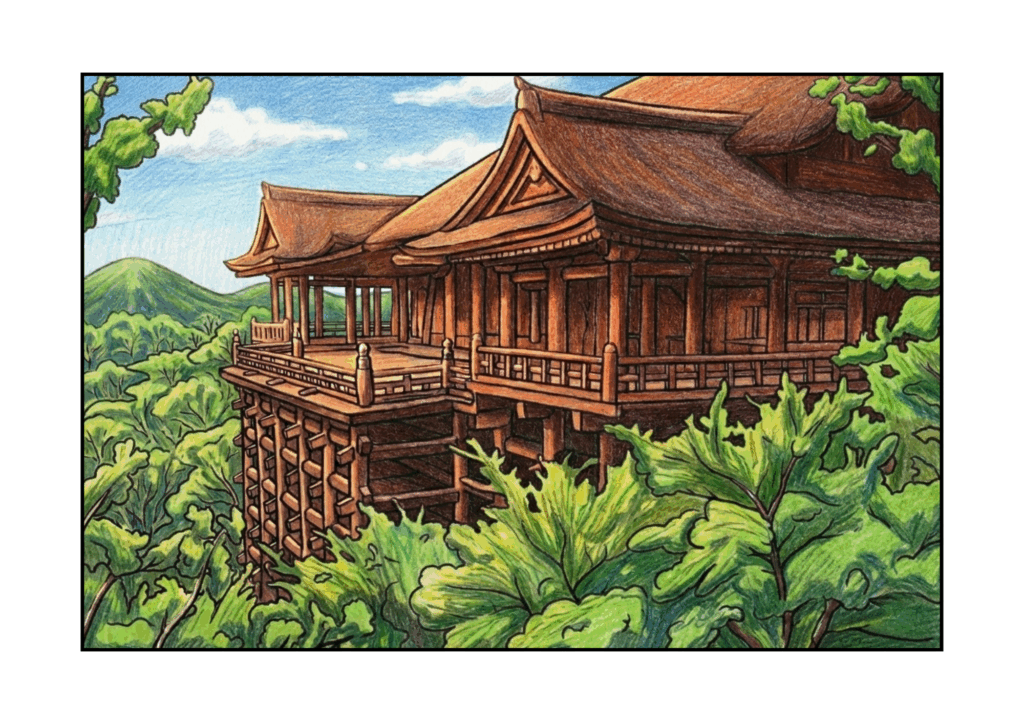 清水寺の無料ぬりえイラスト｜高齢者向け｜夏の新緑｜見やすく塗りやすい｜ダウンロード