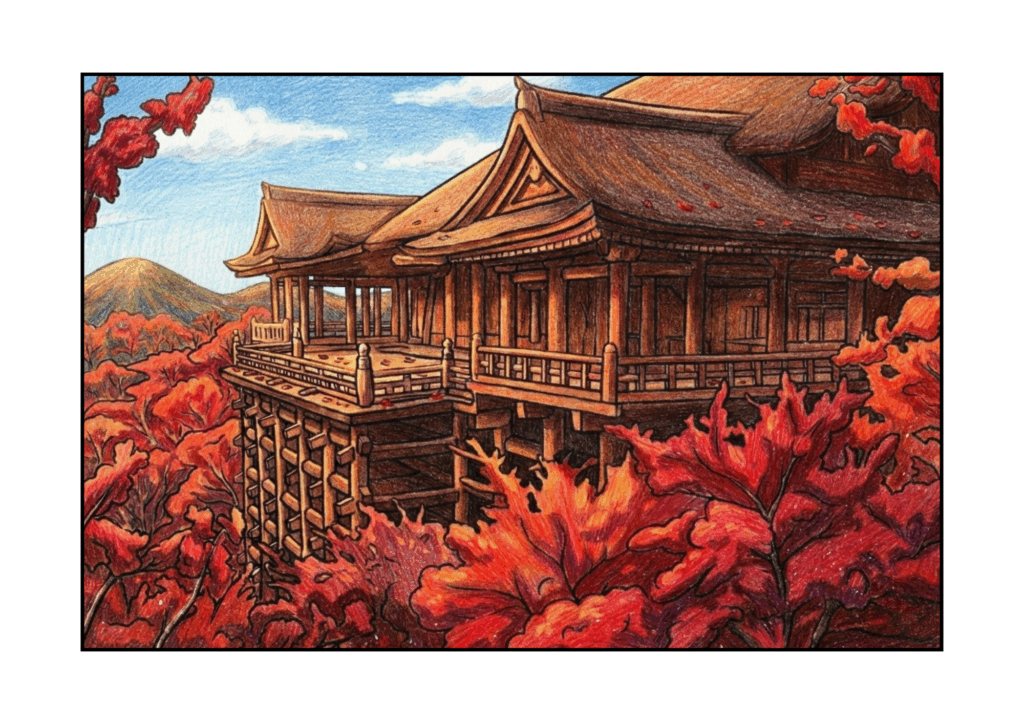 清水寺の無料ぬりえイラスト｜高齢者向け｜秋の紅葉｜季節感のある構図｜ダウンロード