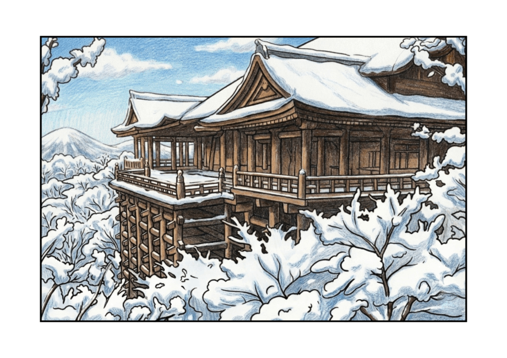 清水寺の無料ぬりえイラスト｜高齢者向け｜四季の風景｜塗りやすい構図｜ダウンロード