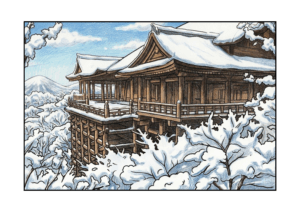 清水寺の無料ぬりえイラスト｜高齢者向け｜四季の風景｜塗りやすい構図｜ダウンロード
