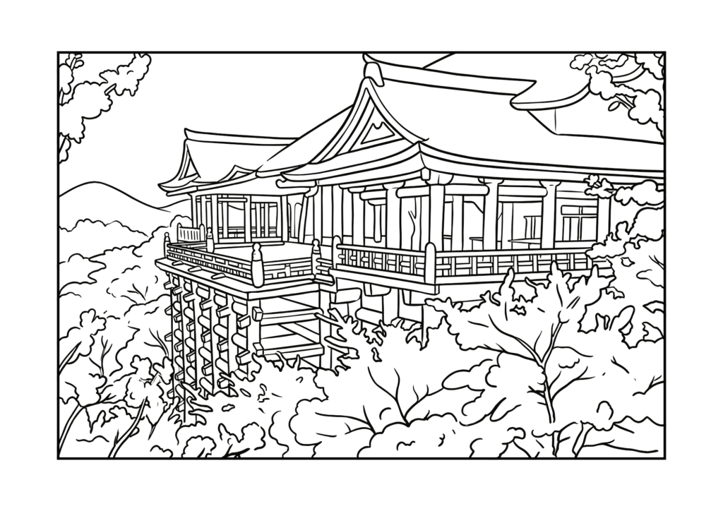 清水寺の無料ぬりえイラスト｜高齢者向け｜四季対応線画｜太くて塗りやすい｜ダウンロード