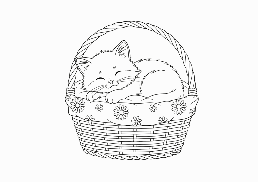 かごで眠る子ねこの塗り絵イラスト 白黒 無料ダウンロード 印刷用