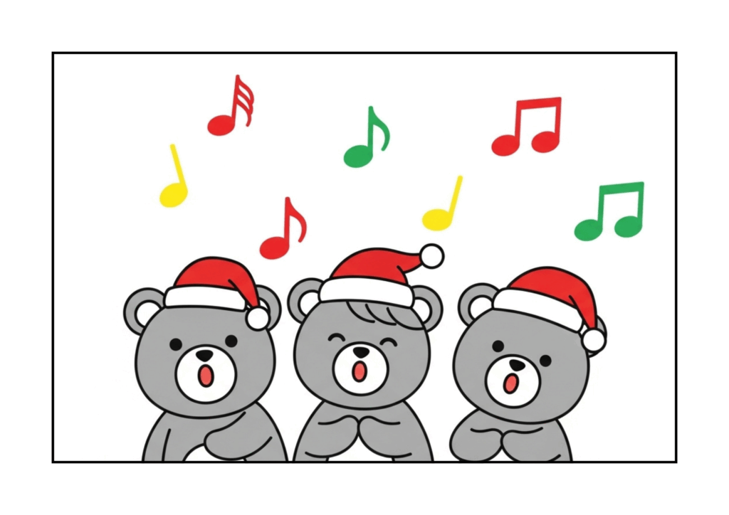 くまの合唱団の無料ぬりえイラスト｜幼児向け｜簡単でかわいい｜冬・クリスマス｜ダウンロード