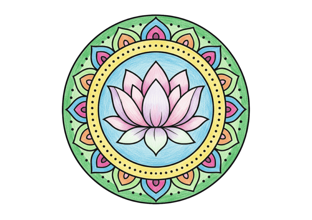 ハスの曼荼羅の無料ぬりえイラスト｜高齢者向け｜簡単で塗りやすい｜癒しの図柄｜ダウンロード