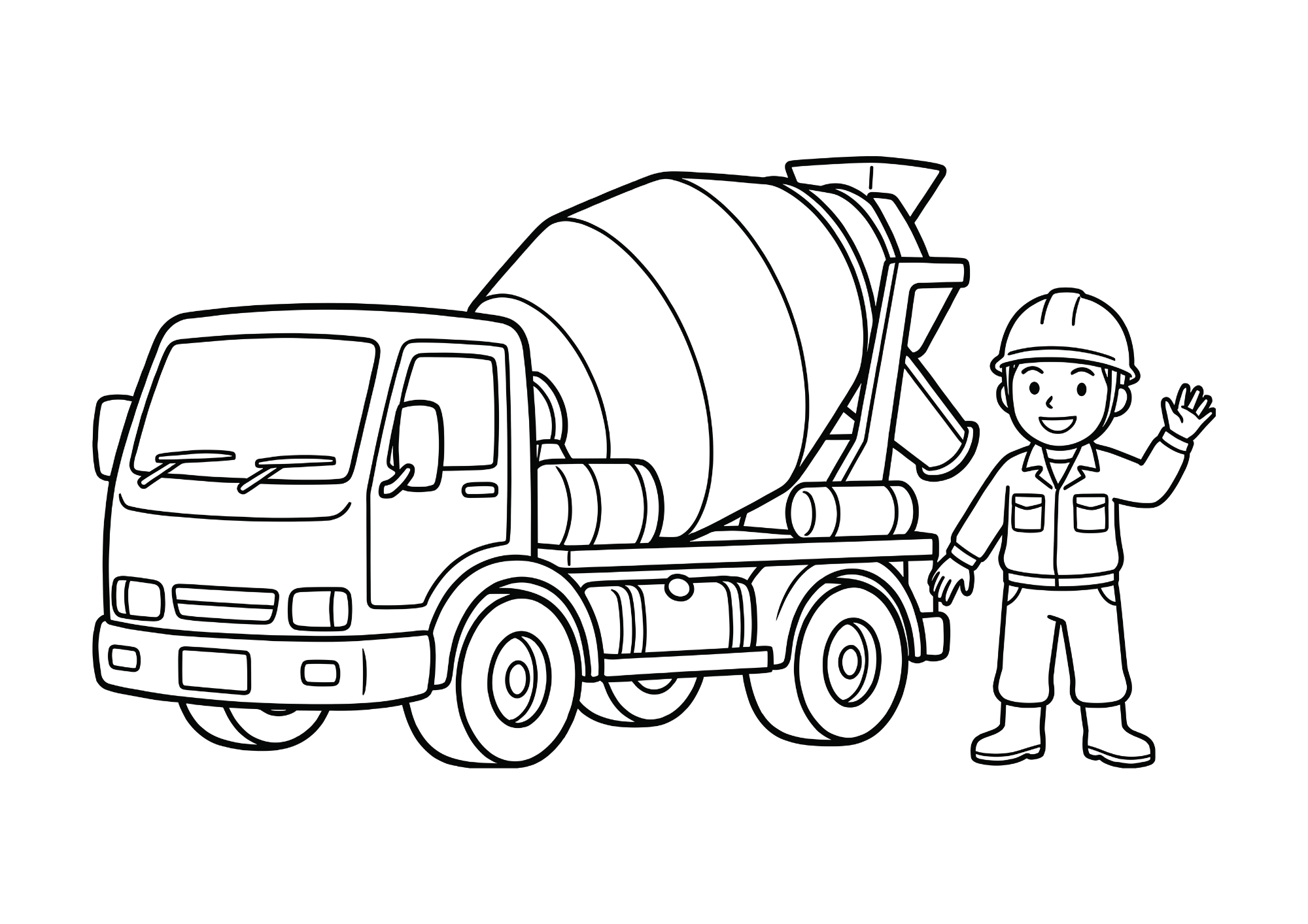 ミキサー車と作業員のぬりえ線画｜子供向け無料素材