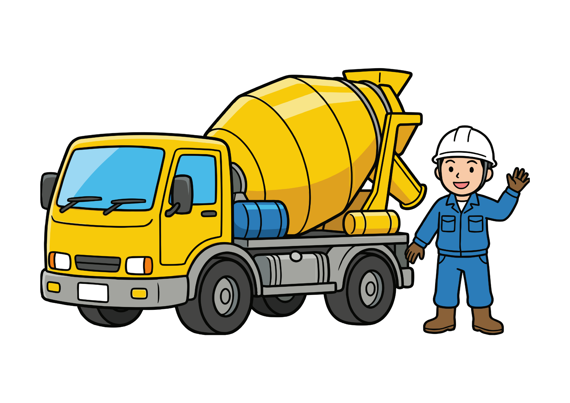 ミキサー車と作業員の見本付きぬりえイラスト（子供向け）