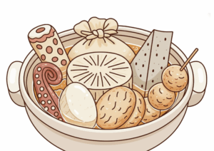 おでんの無料ぬりえイラスト。大根・ちくわ・たまごなど具材豊富な高齢者向け素材。見本付きで塗りやすく、冬の塗り絵に最適です。