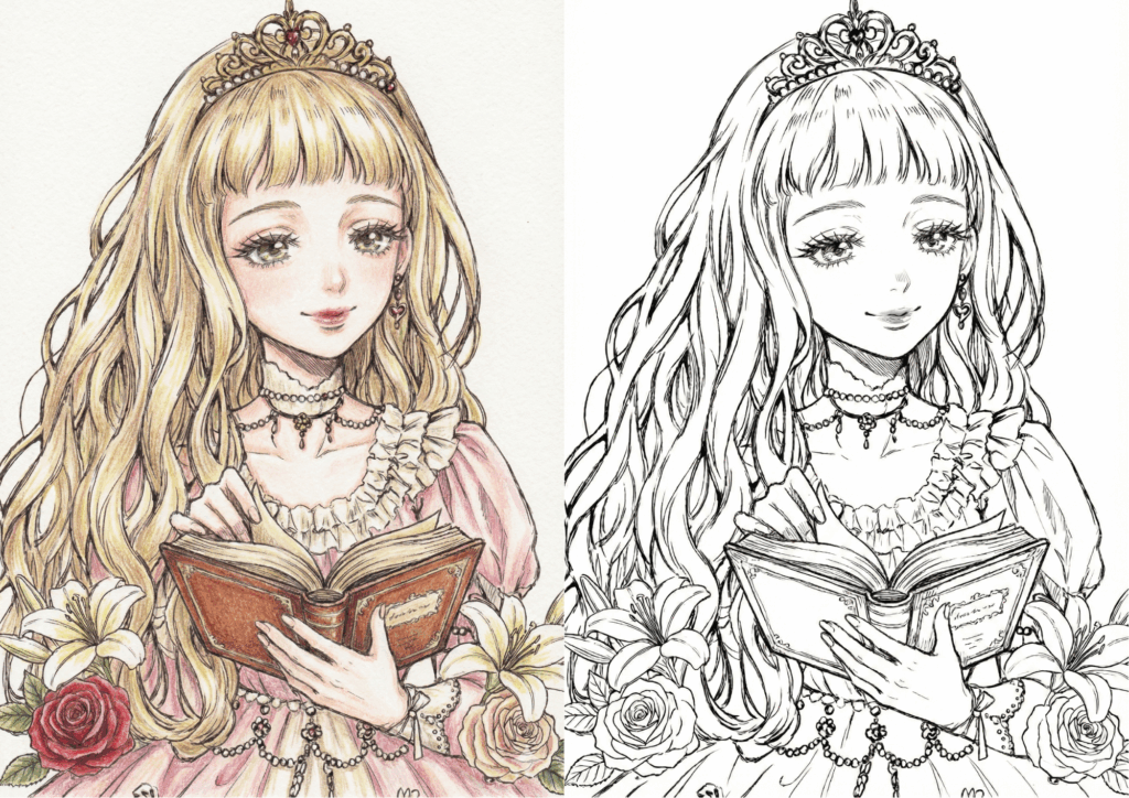 読書をするプリンセスの無料ぬりえイラスト｜大人向け｜繊細で美しい線画｜優雅なドレスと花｜ダウンロード