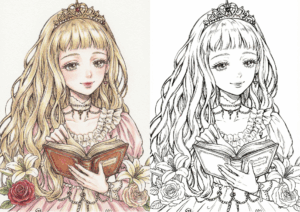 読書をするプリンセスの無料ぬりえイラスト｜大人向け｜繊細で美しい線画｜優雅なドレスと花｜ダウンロード