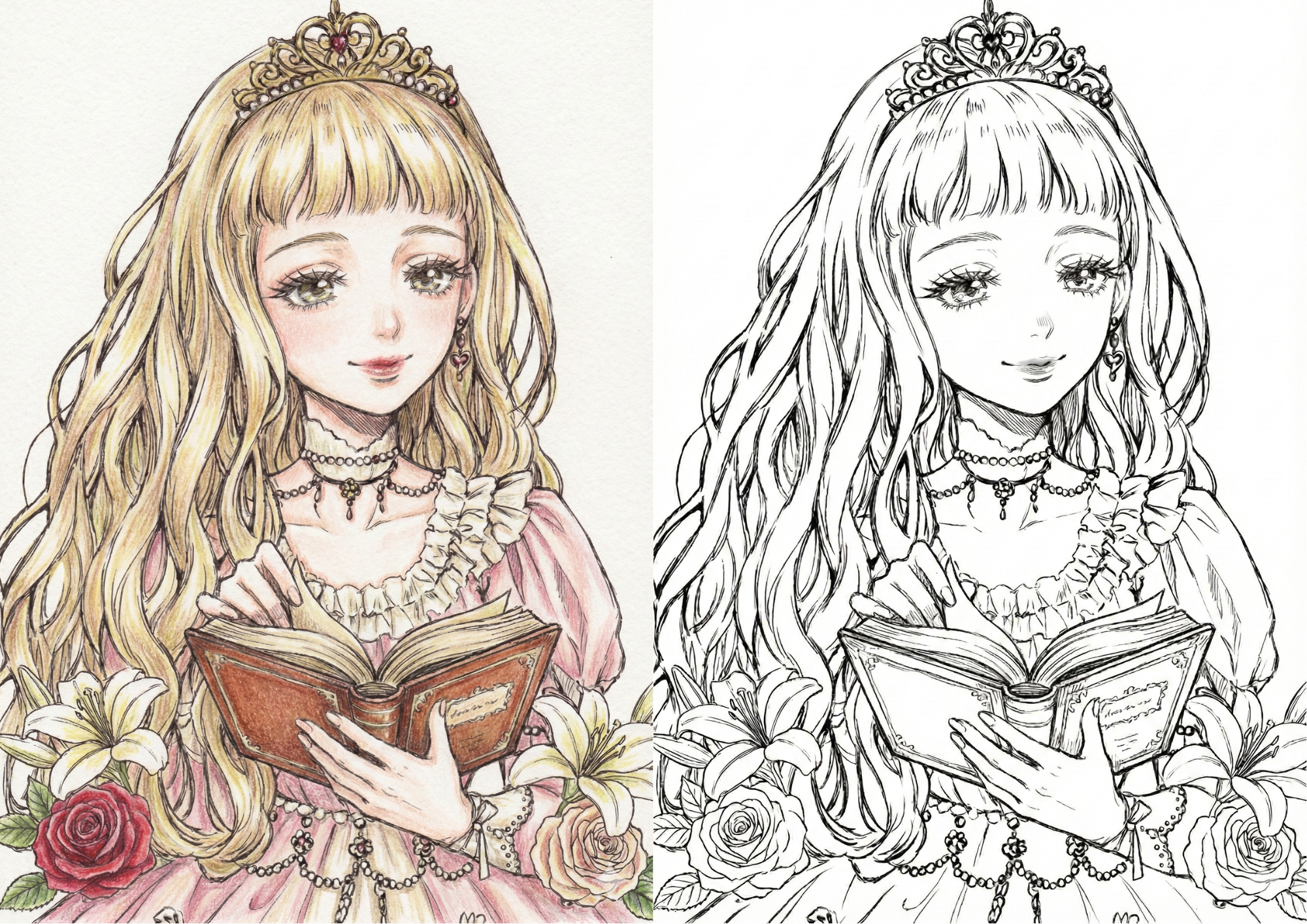 読書をするプリンセスの無料ぬりえイラスト｜大人向け｜繊細で美しい線画｜優雅なドレスと花｜ダウンロード