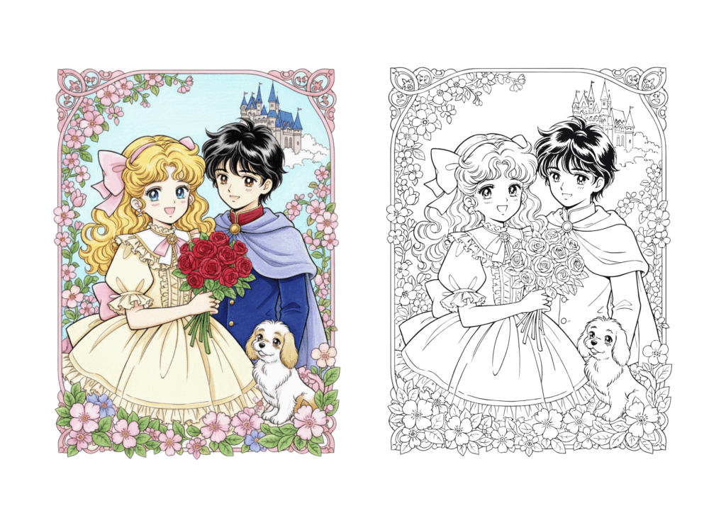 プリンセスの無料ぬりえイラスト｜子供〜大人の女性向け｜昭和レトロ｜お姫様シリーズ｜ダウンロード