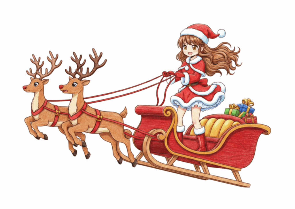 サンタコスプレ姿の女の子とトナカイそりの無料ぬりえイラスト｜小学生向け｜かわいい｜クリスマス｜ダウンロード