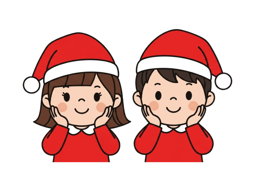 サンタ帽の子どもたちの無料ぬりえイラスト｜幼児向け｜簡単・かわいい｜冬・12月｜ダウンロード