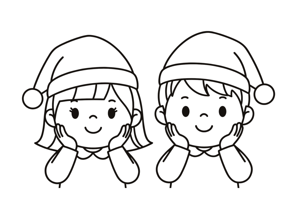 サンタ帽の子どもたちの塗り絵 白黒 無料ダウンロード 印刷用