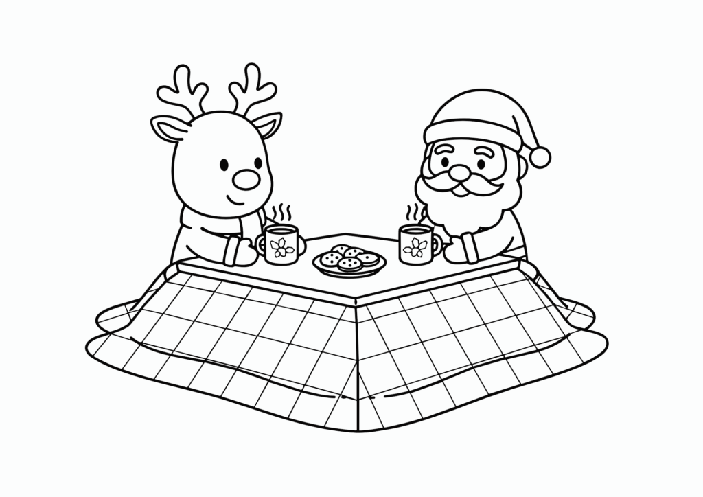 サンタがこたつでほっこりの塗り絵 白黒 無料ダウンロード 印刷用