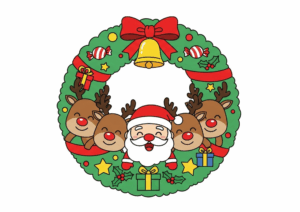 サンタと4頭のトナカイの無料ぬりえイラスト｜幼児向け｜にぎやか・かわいい｜冬・12月｜ダウンロード