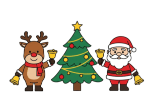 サンタとトナカイとツリーの無料ぬりえイラスト｜幼児向け｜簡単・かわいい｜冬・12月｜ダウンロード