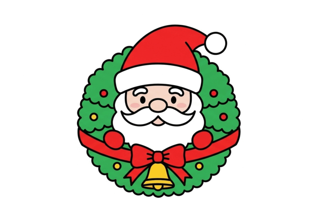 サンタとリースの無料ぬりえイラスト｜幼児向け｜簡単・かわいい｜冬・12月｜ダウンロード